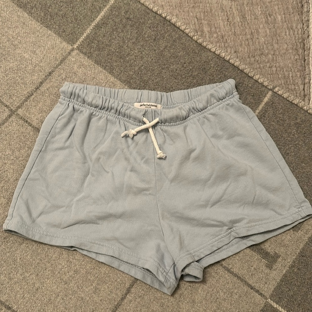Perfect white tee blue sweat shorts